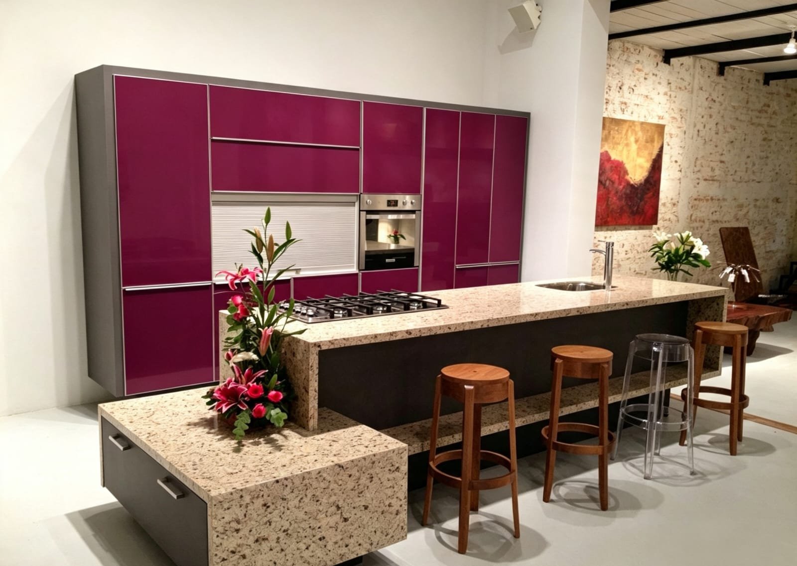 Cocina puertas de cristal color morado